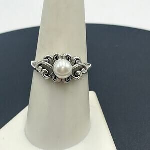 Vintage Sterling Silver Ornate Scrollwork 5mm Round White Pearl Ring Size 8.5